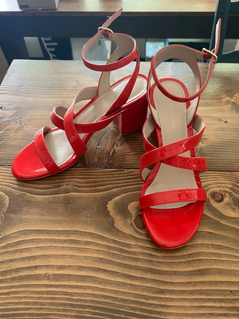 Stuart Weitzman Red Patent Strappy Block Heel Sandals